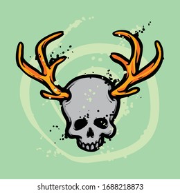 Skull with deer horn. Emblem vector concept. Majestic horn with human skull illustration