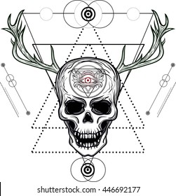 Skull with deer horns, feathers and third eye. Sacred geometry, Alchemy, religion, philosophy, spirituality. Dotwork blackwork hipster style tattoo.Vector artwork.