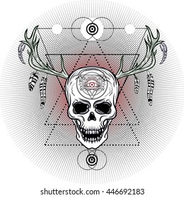 Skull with deer horns, feathers and third eye. Sacred geometry, Alchemy, religion, philosophy, spirituality. Dotwork blackwork hipster style tattoo.Vector artwork.