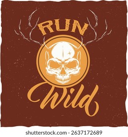 Skull with deer horns, Hipster theme illustration.