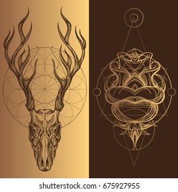 Skull of a deer with horns. A set of elements in the style of Boho. Contour illustrations for the creation of tattoos, coloring, clothing design and printed products.