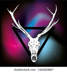 Skull of a deer and horns. Vector illustration for a postcard or poster, tattoo or print on clothes. Vintage and retro, tribe. Space and stars.