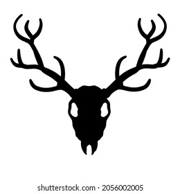 Skull of deer. Hunting trophy with horns. Antler of stag or reindeer. Scary black and white silhouette for Halloween. Cartoon illustration isolated on white