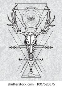 Skull of the deer in ink graphic technique. Vector illustration of deer skull with sacred geometry shapes on grunge background.