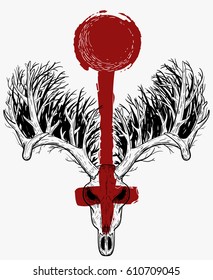 Skull of deer with thick horns in shape of forest and red cross. Vector illustration in vintage retro style for covers, tattoos, stickers.