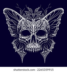 a skull with delicate butterfly wings, representing transformation and the fleeting nature of life. A fusion of beauty and death