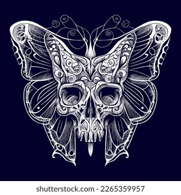 a skull with delicate butterfly wings, representing transformation and the fleeting nature of life. A fusion of beauty and death