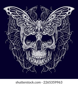 a skull with delicate butterfly wings, representing transformation and the fleeting nature of life. A fusion of beauty and death