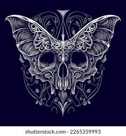 a skull with delicate butterfly wings, representing transformation and the fleeting nature of life. A fusion of beauty and death