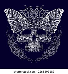 a skull with delicate butterfly wings, representing transformation and the fleeting nature of life. A fusion of beauty and death