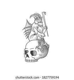 The skull and the demon. Can be used as a sketch of a tattoo.