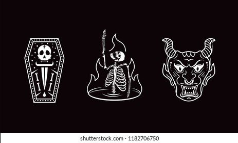 Skull, demon, skull in fire. Set Logo vector illustration.