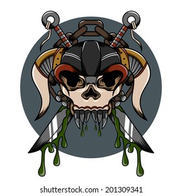 Skull demon hardcore illustration with weapon and another detail for tattoo and shirt