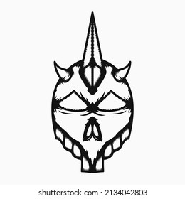 skull demon head with horns and teeth illustration. line art style. black and white. suitable for logo, mascot, symbol, coloring and t-shirt design