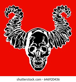 Skull of a demon with horns. Vector illustration. The horror picture to Halloween. Red background