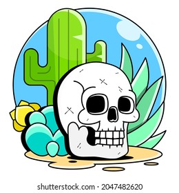 skull in the desert at sunset, vector illustration cartoon