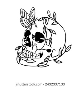 Skull design. Bright Magic Psychedelic Mushrooms and skulls. Tattoo template of skull