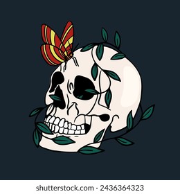 Skull design. Bright Magic Psychedelic Mushrooms and skulls. Tattoo template of skull