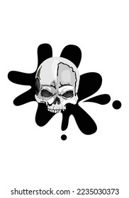 skull design illustration with black splash background on the back.