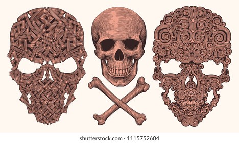 Skull. Design set. Hand drawn engraving. Editable vector vintage illustration. Isolated on white background. 8 EPS