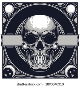 Skull design. Vector illustration of human skull with celestial bodies design frames in engraving technique isolated on black background. 