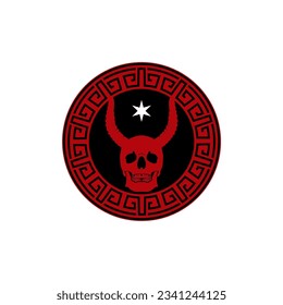 Skull Devil Demon Satan Horned Mascot Emblem Badge Medallion With Chinese Motif
