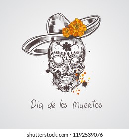 Skull. Dia de los Muertos, Day of the Dead card. Skull wearing sombrero and marigold flower