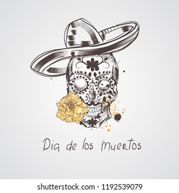 Skull. Dia de los Muertos, Day of the Dead card. Skull wearing sombrero and marigold flower