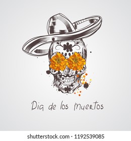 Skull. Dia de los Muertos, Day of the Dead card. Skull wearing sombrero and marigold flower