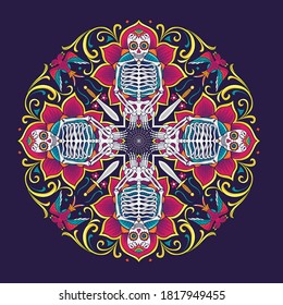 skull Dia De Los Muertos, Day of The Dead colorful sugar skull with floral ornament illustration
