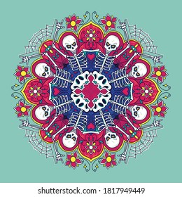 Skull Dia De Los Muertos/Day of The Dead colorful sugar skull with floral ornament and flower illustration
