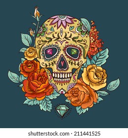 Skull, diamond  and Flowers Day of The Dead, Vintage Card, Vector illustration