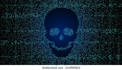 skull in the digital on the BCD stream on the screen. computer numbers. concept of hacker attack, cyber piracy. vector illustration for print