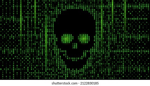 skull in the digital on the BCD stream on the screen. computer numbers. concept of hacker attack, cyber piracy. vector illustration for print