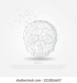 Skull digitally drawn in the form of broken a part triangle shape and scattered dots low poly wire frame.