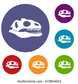 Skull of dinosaur icons set in flat circle reb, blue and green color for web