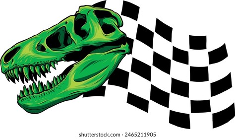 skull of dinosaur tyrannosaurus rex with race flag