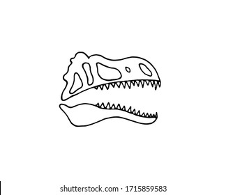 The skull of a dinosaur. Vector isolated illustration with a dinosaur. Printing on fabrics, clothing, and posters. Coloring pages for small children. Dinosaur bone. Logo of an extinct animal. 