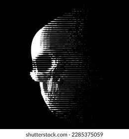 Skull disintegration line art vector design. Dark graphic 3D line- art background with fading particles effect.