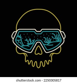 Skull Dives Under the Sea Monoline Design for Apparel
