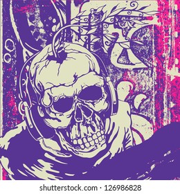 skull DJ and grunge background. vector illustration.