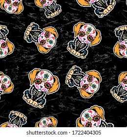 Skull dog colorful illustration pattern in folk style.