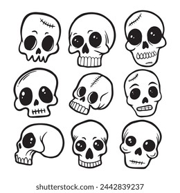 Skull Doodle Collection Set Handgezeichnete Schwarz-Weiß Premium Vektor