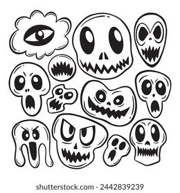 skull doodle collection set hand drawn black and white premium vector