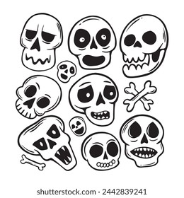 conjunto de la colección de garabatos de calavera dibujado a mano vector premium blanco y negro