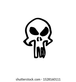 Skull in doodle style isolated on white background. Outline hand drawn vector Halloween illustration. Graffiti cartoon icons for design logotype, cup, t shirt, card, clothes, invitation, flier.