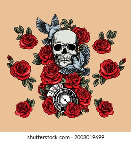 Skull with doves , red roses, playing cards and clocks. Vector hand drawn illustrations with tattoo style