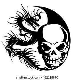 skull and dragon illustration,