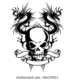 skull and dragon illustration,