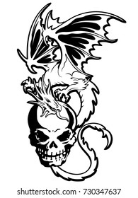 skull and dragon illustration,